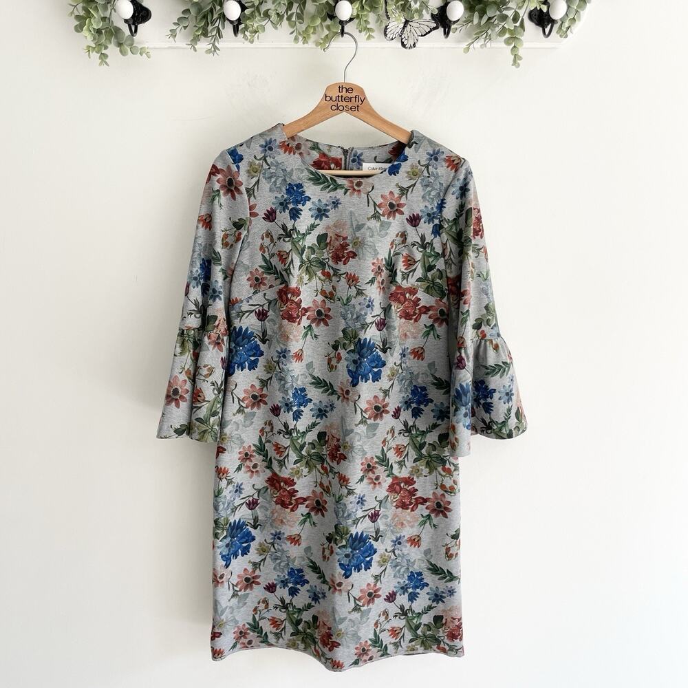 Calvin Klein Gray And Multicolor Floral Ruffle 3/4 Sleeve Midi Formal Dress Sz 8
